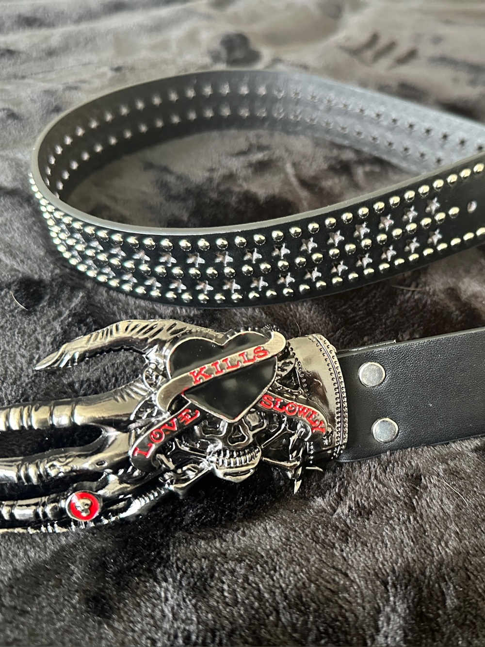 Black Studded Leather Belt with Skull 'Love Kills Slowly' Buckle